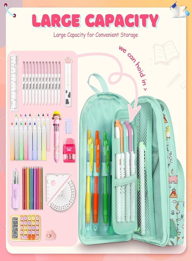 Dravina Canvas Large Capacity Pencil Pouch with 3 Zippers & 5 Compartments| Aesthetic Stationary Standing Pencil Case| Waterproof School Box for Girls & Boys Unicorn Pencil Box (Green Dinosaur) - Image 4